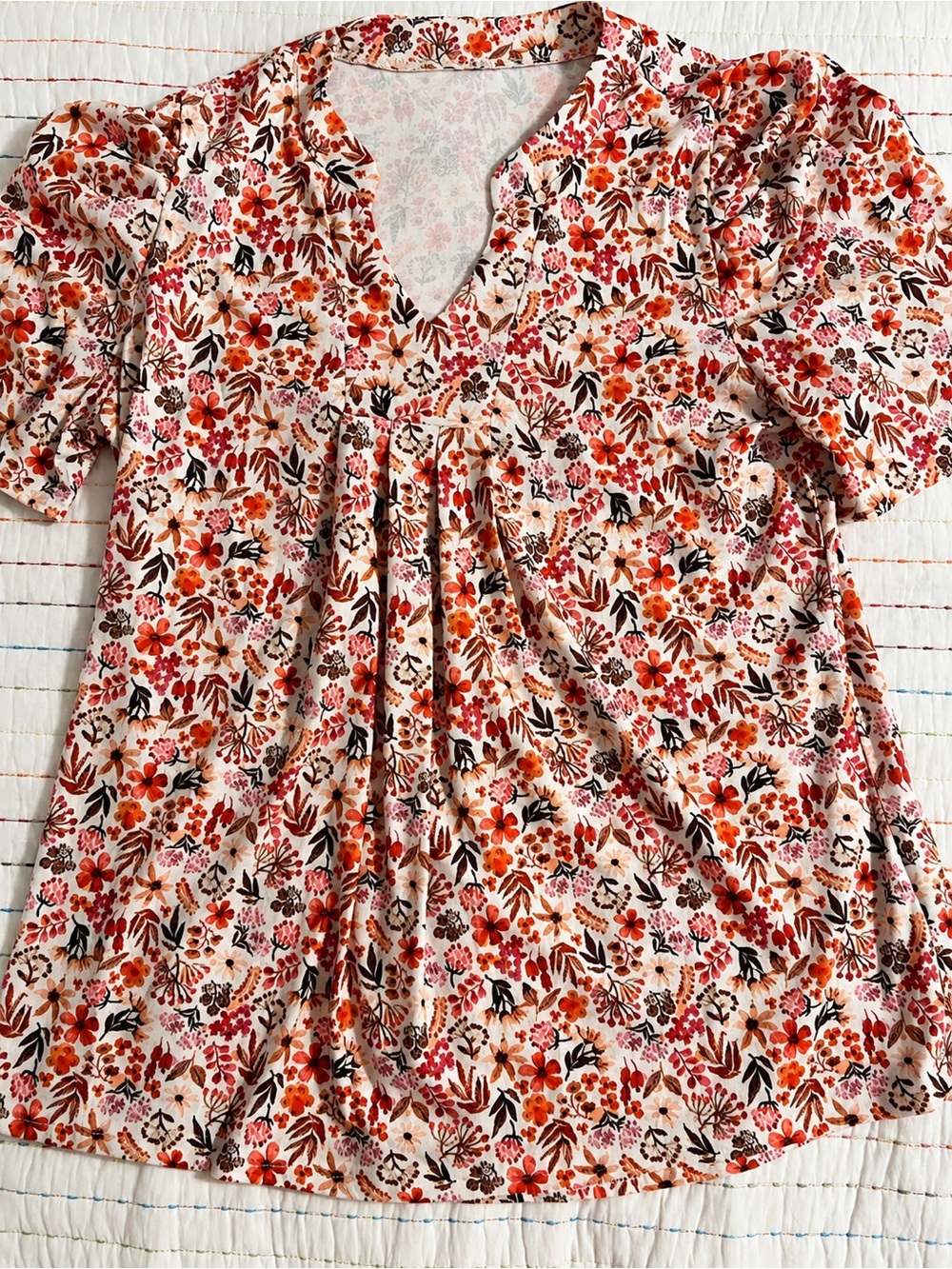 Floral V-Neck Puff Sleeve Women's Top - Cream with Orange & Pink Floral